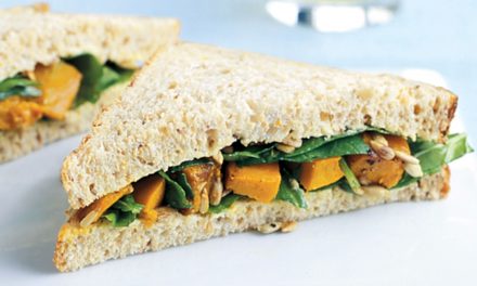 Roast pumpkin and spinach sandwiches on whole wheat bread